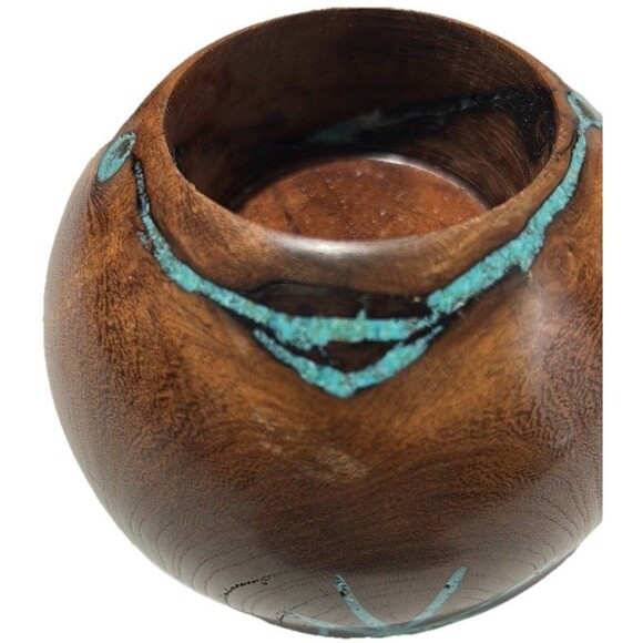 Handcrafted Signed Dark Wood Turquoise Inlay Candle Holder Artisan Southwestern - Picture 7 of 10